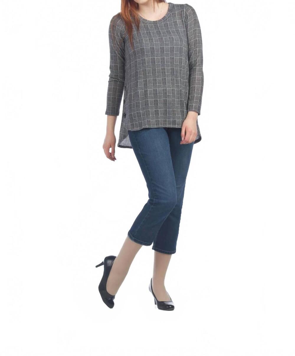 NEW PAPILLON plaid long sleeve tunic with button detail in grey